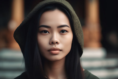 Portrait of a beautiful asian woman in a hat and coatの素材