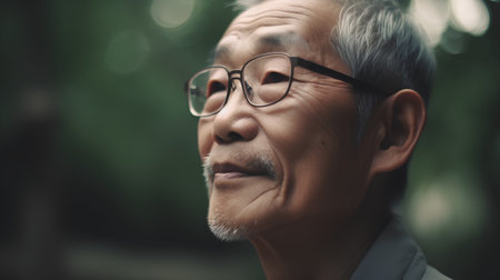 Portrait of senior asian man with eyeglasses in the parkの素材