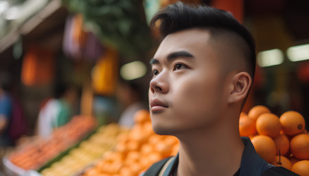 Young handsome asian man shopping at the market. Portrait of asian male model.の素材