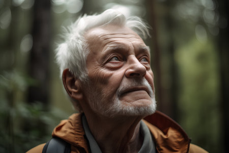 Portrait of a senior man in the forest. Shallow depth of field.の素材