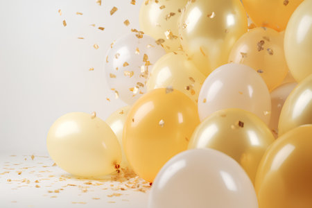 Background with golden and white balloons and confetti. 3d renderingの素材