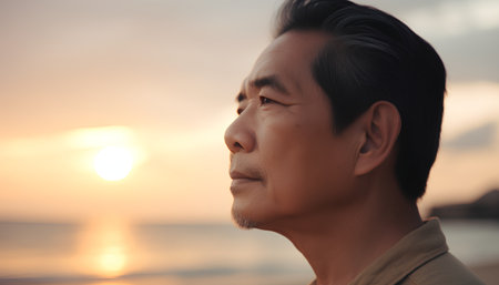 Portrait of Asian man looking at the sunset on the beach.の素材