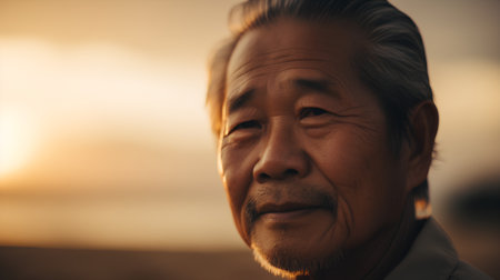 Portrait of an elderly Asian man on the beach at sunset.の素材