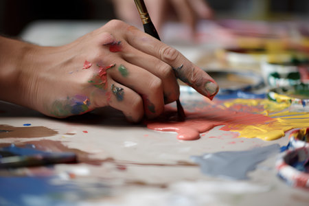 Close-up of hands of young artist painting with watercolorsの素材
