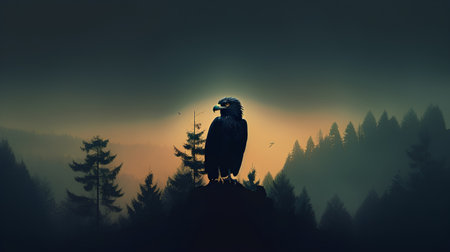 Silhouette of a crow on a rock in the forest.の素材