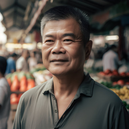 Portrait of an asian senior man at the vegetable market.の素材