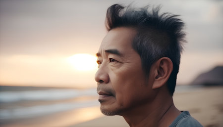 portrait of asian man looking away on the beach at sunsetの素材