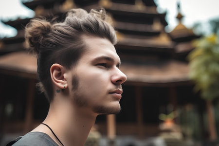 Portrait of a handsome young man in front of the temple.の素材