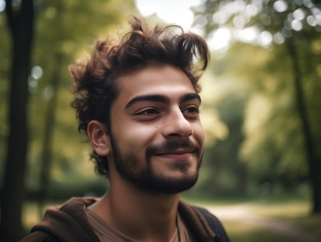 Portrait of a handsome young man with curly hair in the parkの素材