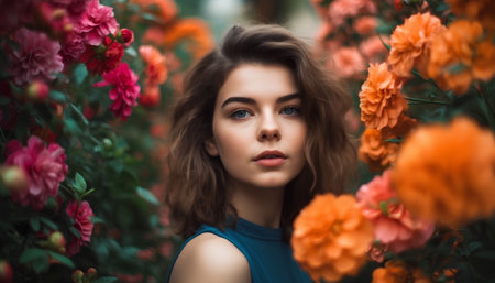 Portrait of a beautiful young woman in the garden with flowers.の素材