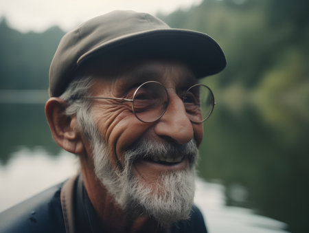 Portrait of an old man on a lake in the mountains.の素材