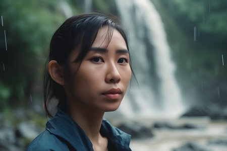 Beautiful asian woman in the rain with waterfall in the backgroundの素材