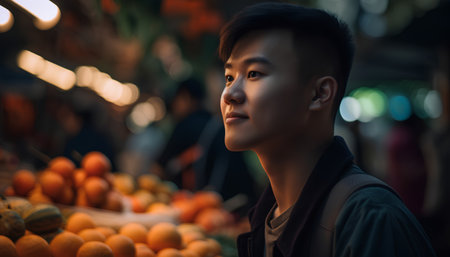 Portrait of a young handsome Asian man standing in front of a market stallの素材