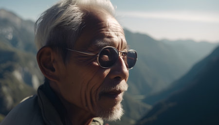 Portrait of a senior man in sunglasses on the background of mountainsの素材