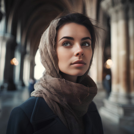 Portrait of a beautiful young woman in a coat and scarf.の素材