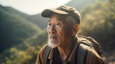 Portrait of an elderly man with a backpack on a mountain trail.の素材