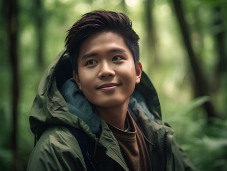 young asian man with backpack hiking in the forest looking at cameraの素材
