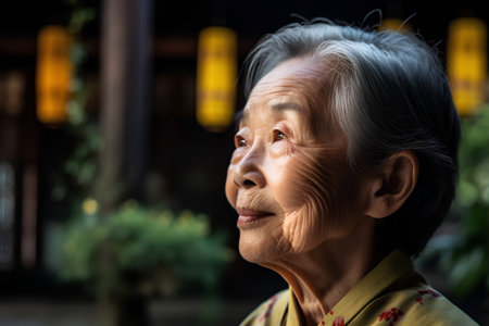 Portrait of an old asian woman looking away in a parkの素材