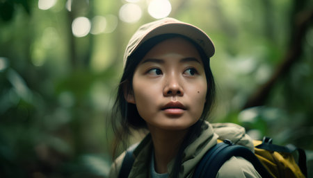 young asian woman backpacker hiking on forest trail looking at cameraの素材