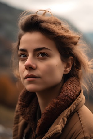 Portrait of a beautiful girl in a brown coat on a background of mountainsの素材