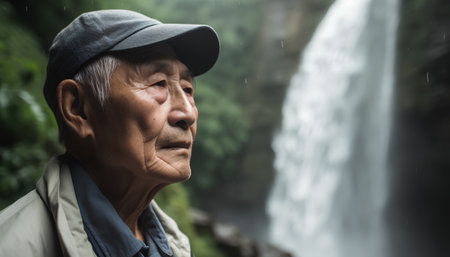 Elderly asian man wearing cap and looking at waterfall.の素材