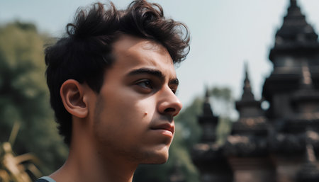Portrait of a handsome young man in front of Borobudur templeの素材