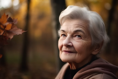 Portrait of a senior woman in the autumn park. Focus on the faceの素材