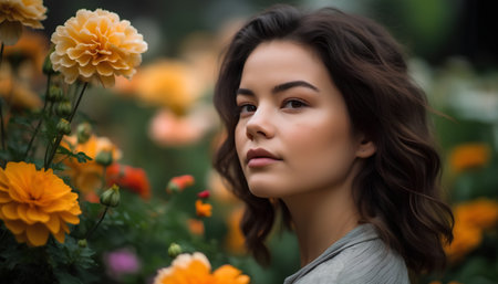 Portrait of a beautiful young woman with flowers in the garden.の素材