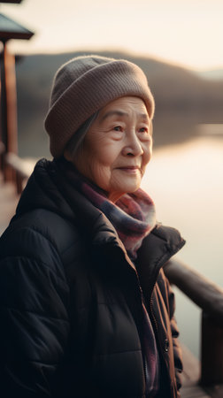 Portrait of an elderly asian woman on a wooden pier at sunsetの素材