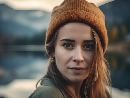 Closeup portrait of a beautiful young woman in a hat on the background of a lakeの素材