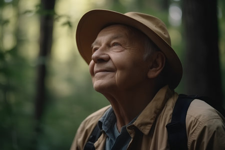 Portrait of a senior man in a hat with a backpack in the forestの素材
