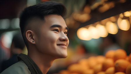 Portrait of handsome asian man with fresh fruits at market.の素材
