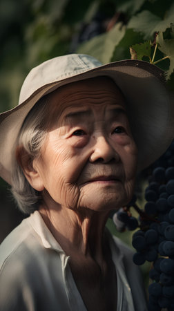 Portrait of senior asian woman with grapes in vineyard.の素材