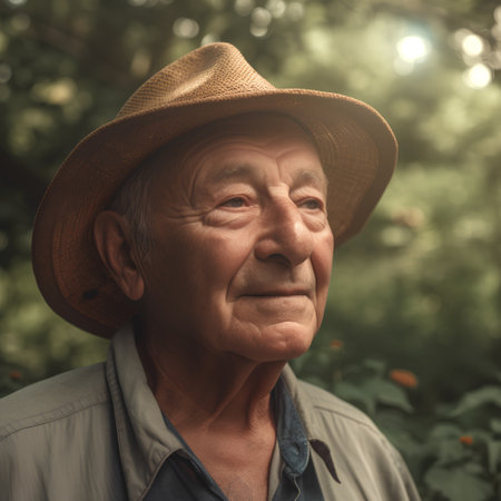 Portrait of an elderly man in a hat on a background of nature.の素材