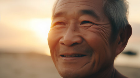Portrait of senior Asian man smiling on the beach at sunset.の素材