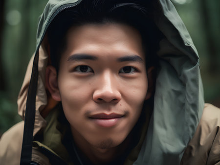 Portrait of young asian man with backpack in the forest.の素材