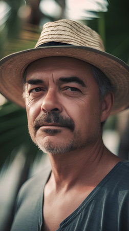 Portrait of a mature man in a straw hat looking at the cameraの素材
