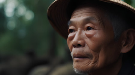 Portrait of an elderly asian man in a hat with a smileの素材