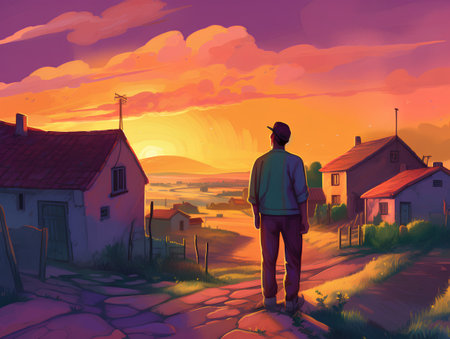 Young man walking on a path in the village. Vector illustration.の素材