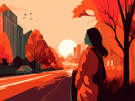 Woman walking on the street in the autumn city. Vector illustration.の素材