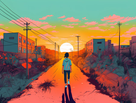 Girl walking on the road in the city at sunset. Vector illustrationの素材