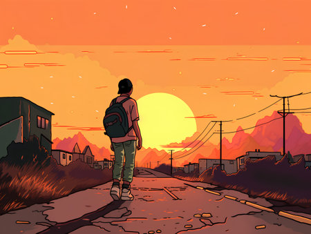Hiking girl with backpack on the road at sunset. Vector illustrationの素材