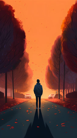 Man walking on the road in the autumn forest. Vector illustration.の素材