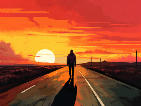 Man on the road at sunset. Vector illustration for your design.の素材