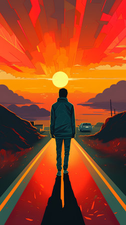 Man walking on the road at sunset. Vector illustration in retro styleの素材