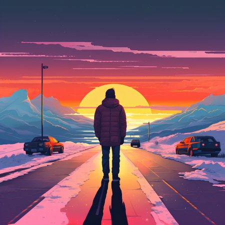 Man walking on the road at sunset. Winter landscape. Vector illustrationの素材