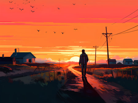 Woman on the road at sunset in a rural area. Vector illustrationの素材