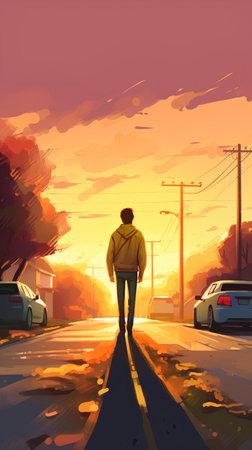 Man walking on the road at sunset in the city. Conceptual illustrationの素材