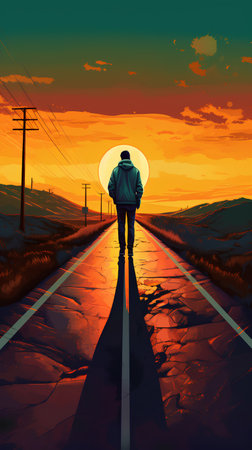 Man walking on the road to the sunset, 3d rendering. Computer digital drawing.の素材