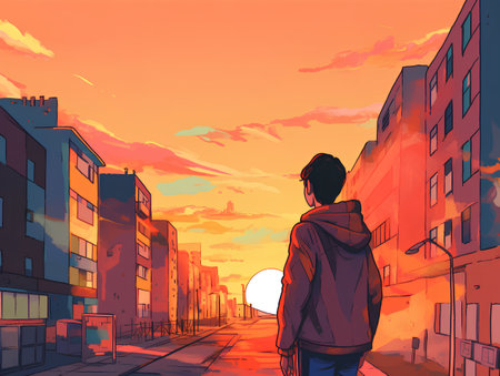Vector illustration of a young man walking in the city at sunset.の素材